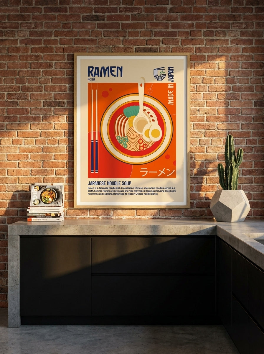 Modern wall art print styled on the wall in an industrial loft kitchen
