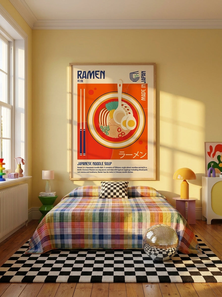 Oversized statement modern wall art print styled on the wall in a colourful eclectic bedroom