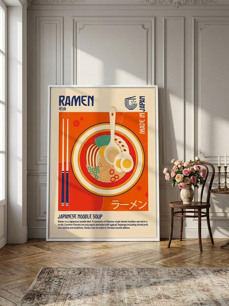 Oversized statement canvas wall art with a white surround leaning against the wall in a Parisian dining room