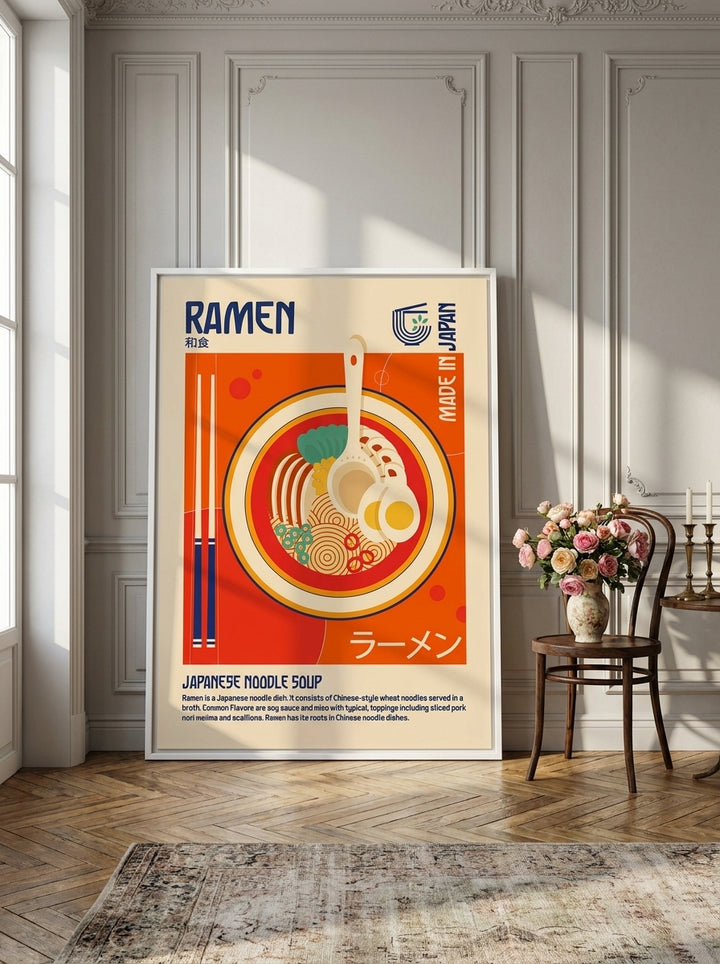Oversized statement canvas wall art with a white surround leaning against the wall in a Parisian dining room