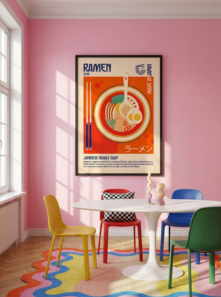 Oversized statement modern wall art print styled on the wall in a colourful eclectic dining room