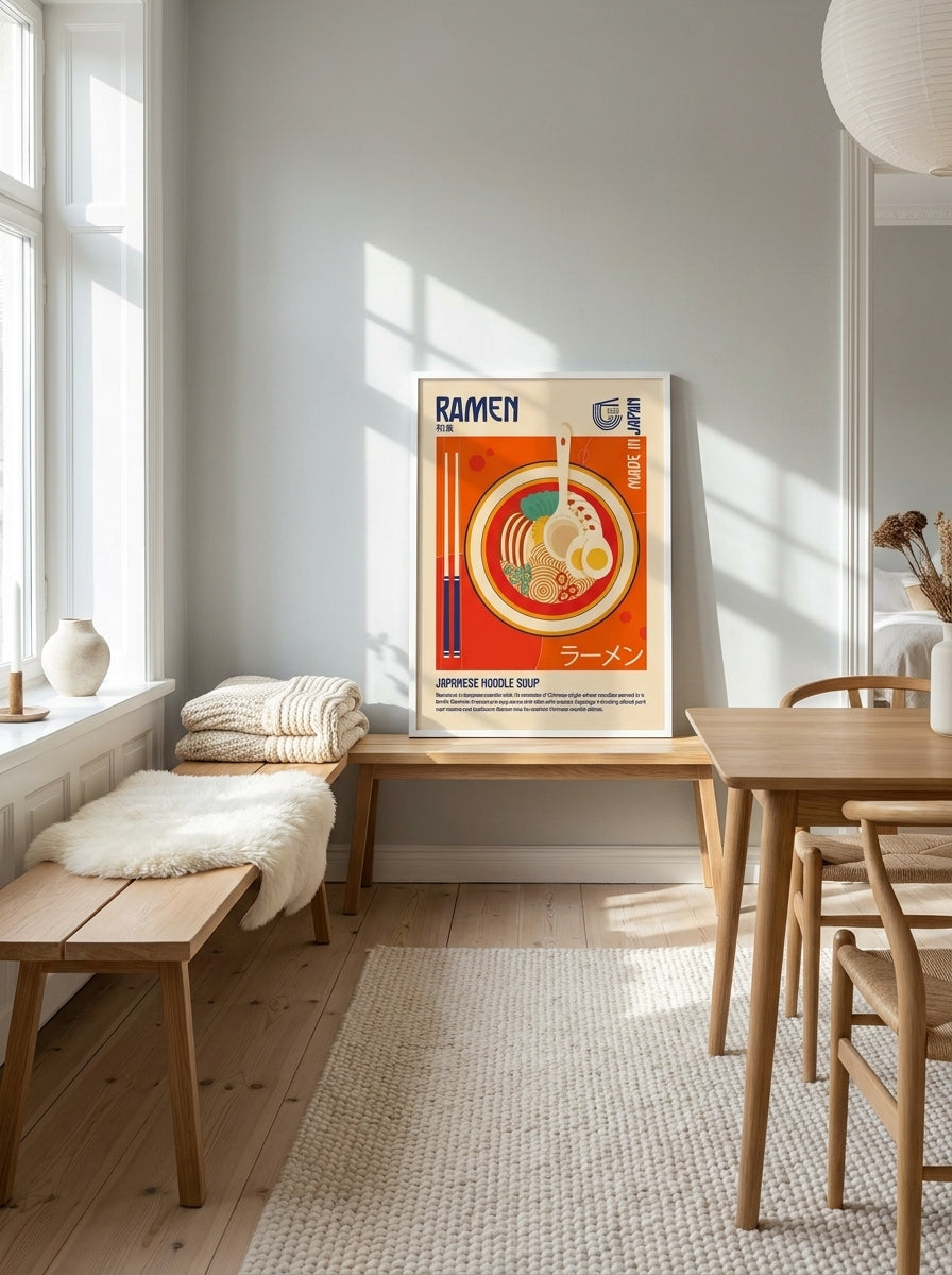 Modern wall art print standing on a bench in a bright Scandinavian dining room