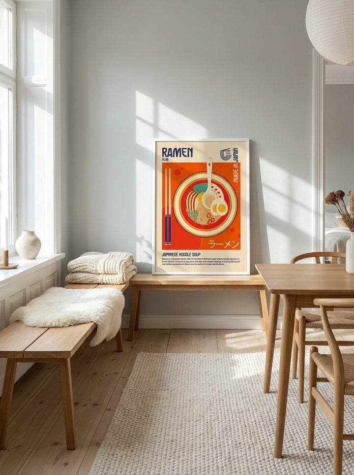 Modern wall art print standing on a bench in a bright Scandinavian dining room