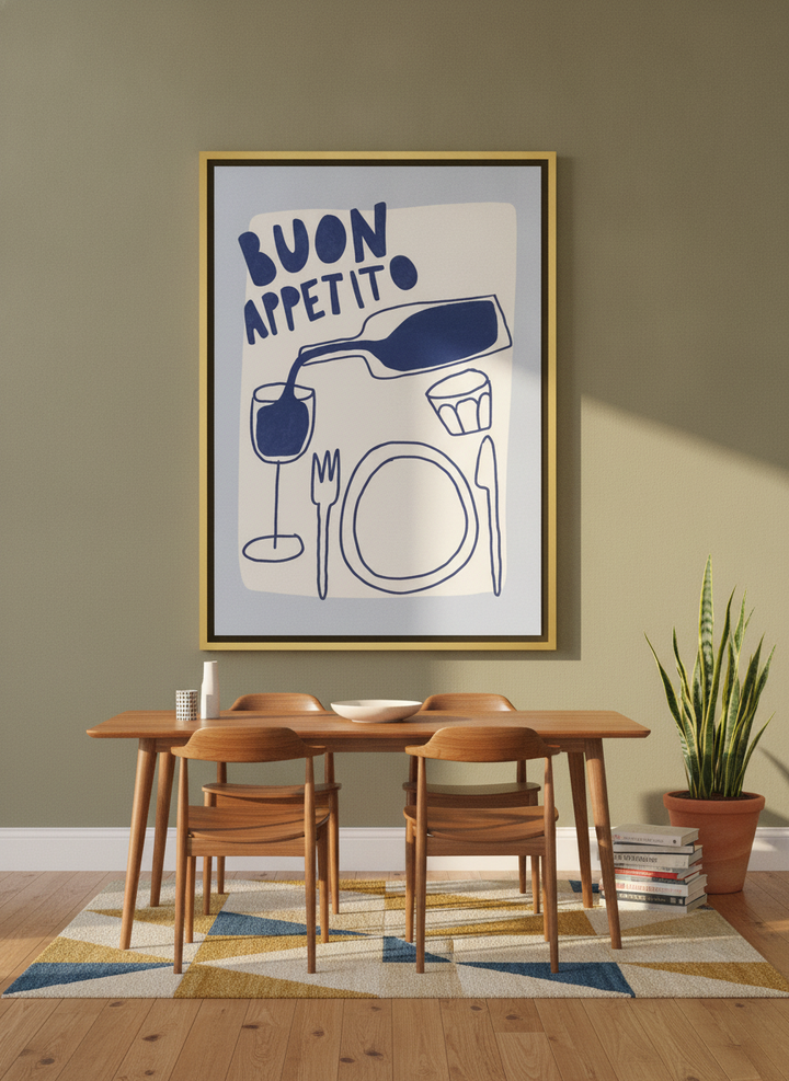 Oversized statement canvas wall art with a gold leaf surround styled on the wall in a mid-century dining room