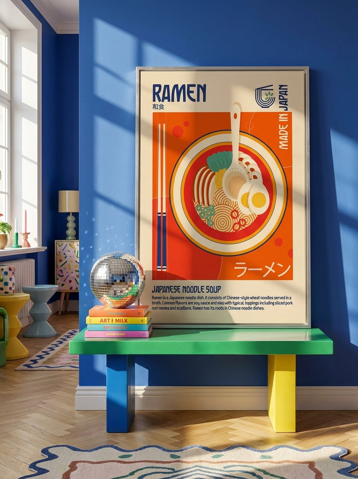 Canvas wall art with a silver leaf surround standing on a side table in a colourful eclectic living room