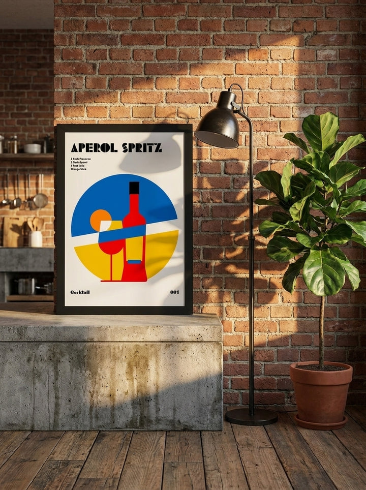 Modern wall art print standing on a kitchen bench in an industrial loft kitchen