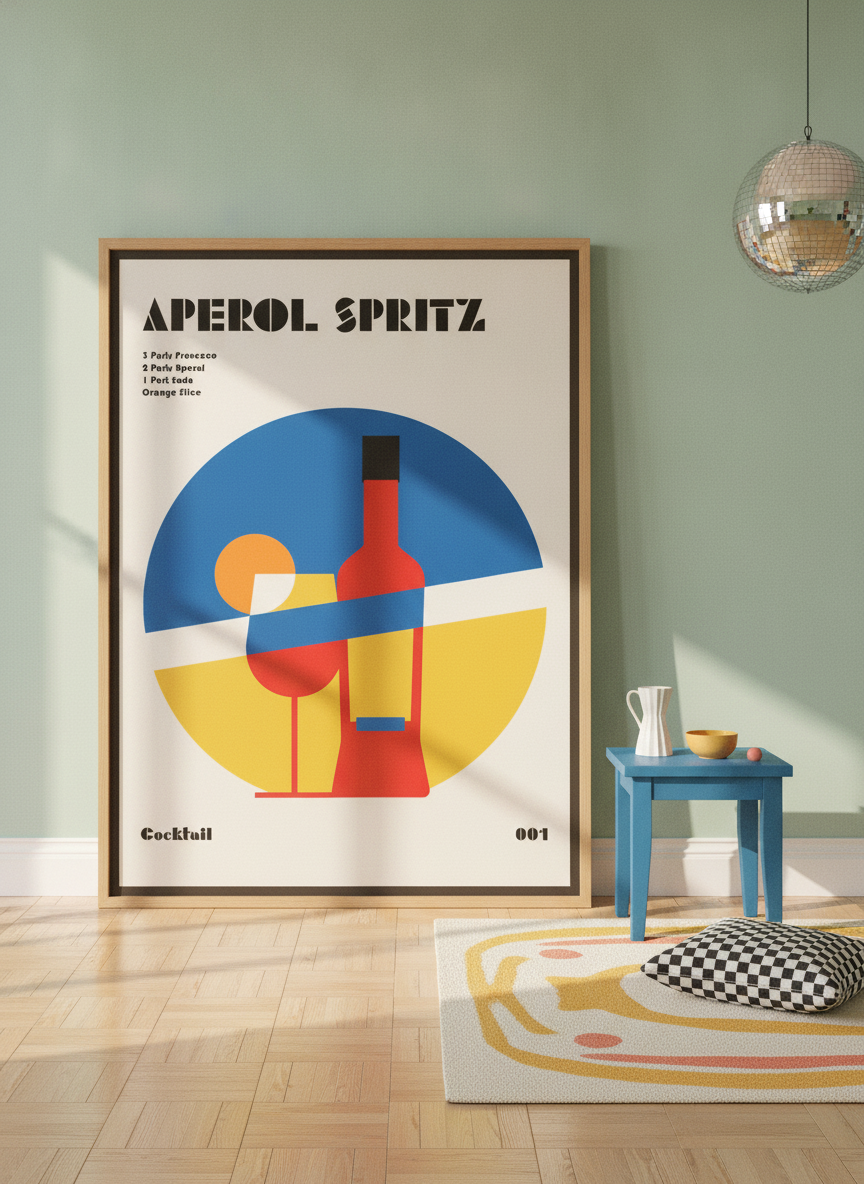 Oversized statement canvas wall art with a natural timber surround leaning against the wall in a colourful eclectic dining room