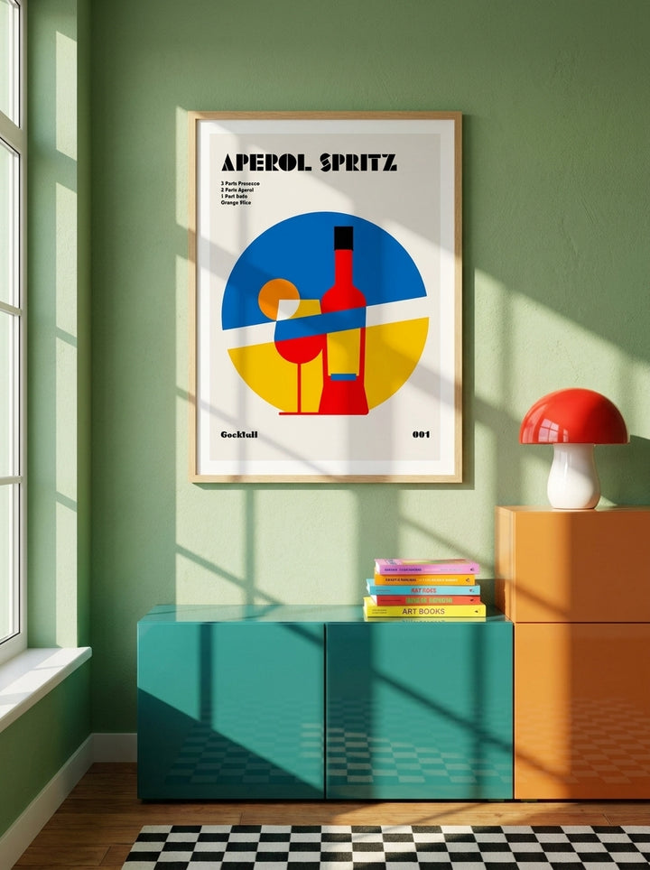 Modern wall art print styled on the wall in a colourful eclectic kitchen