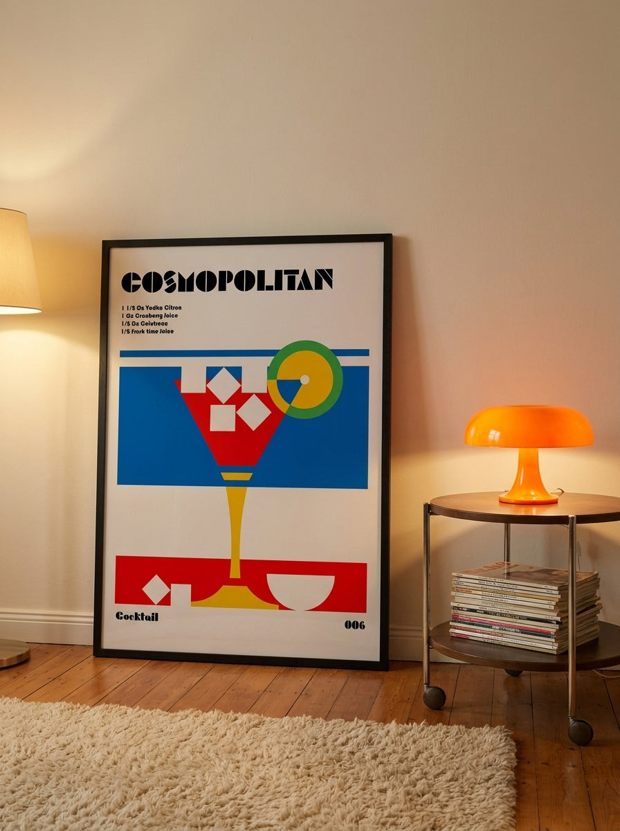 Oversized statement modern wall art print leaning against the wall in a retro 70s dining room