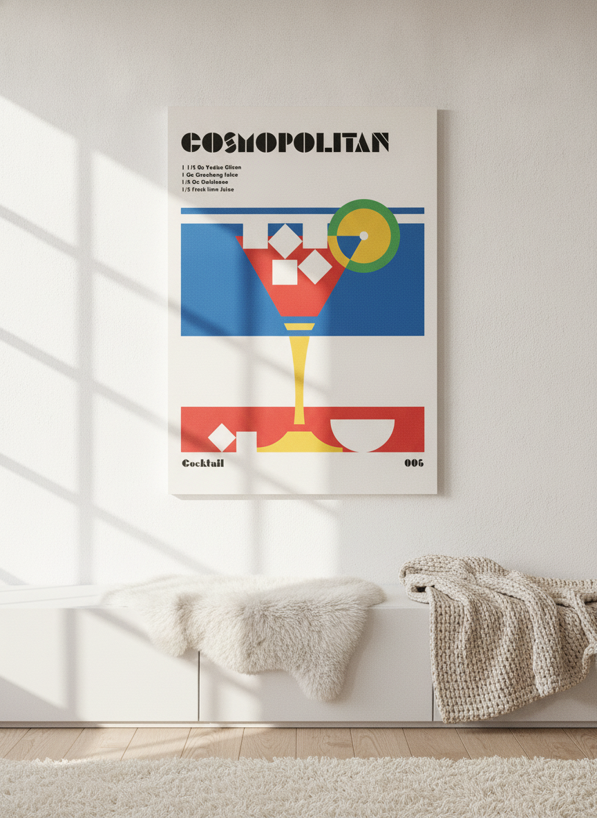 Stretched canvas wall art styled on the wall in a bright Scandinavian living room