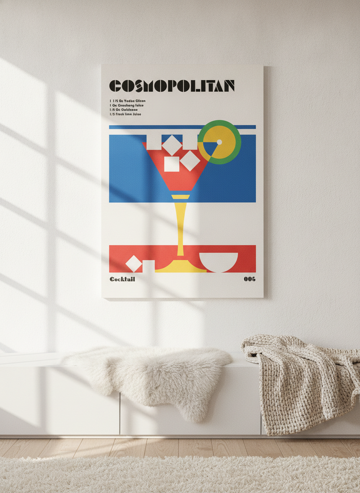 Stretched canvas wall art styled on the wall in a bright Scandinavian living room