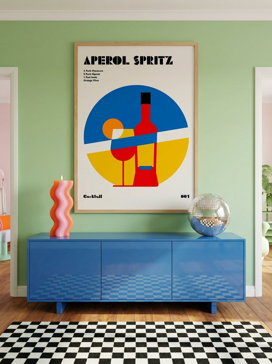 Oversized statement modern wall art print styled on the wall in a colourful eclectic living room