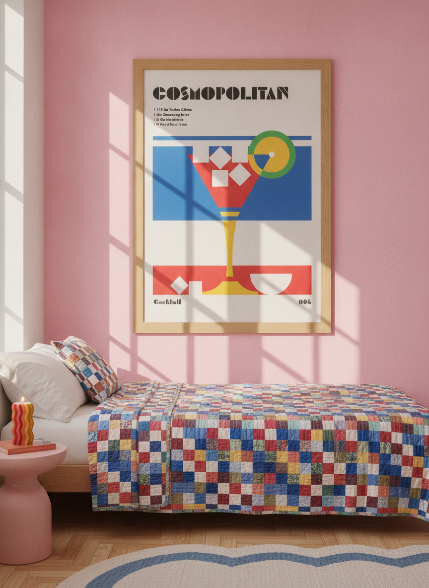Oversized statement modern wall art print styled on the wall in a colourful eclectic bedroom