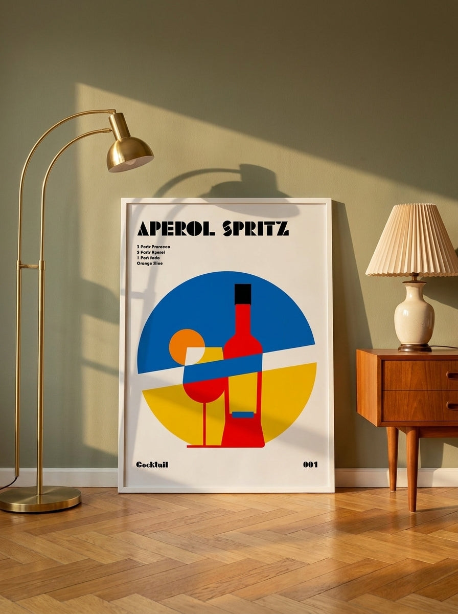 Modern wall art print leaning against the wall in a mid-century living room