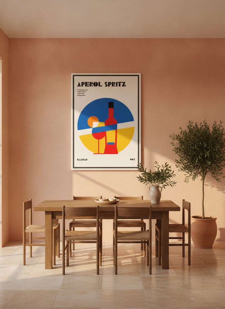 Oversized statement canvas wall art with a white surround styled on the wall in a Mediterranean dining room