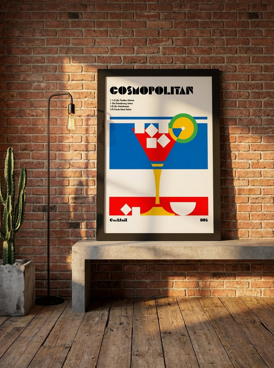 Modern wall art print standing on a kitchen bench in an industrial loft kitchen