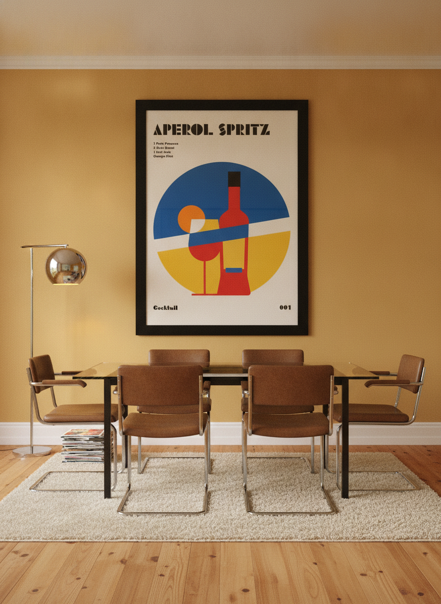 Oversized statement modern wall art print styled on the wall in a retro 70s dining room