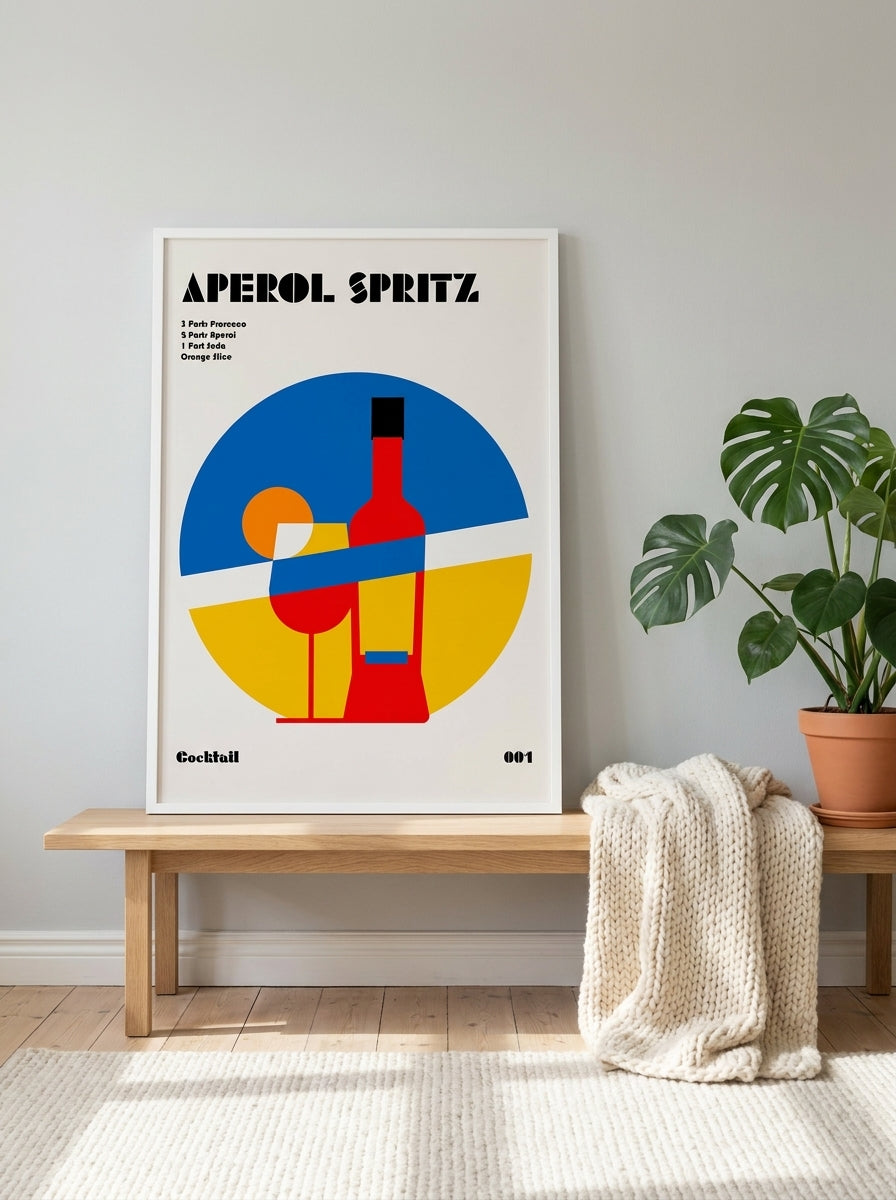 Modern wall art print standing on a bench in a bright Scandinavian dining room