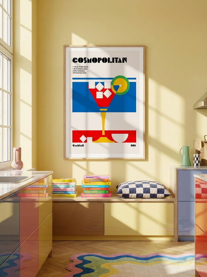 Modern wall art print styled on the wall in a colourful eclectic kitchen