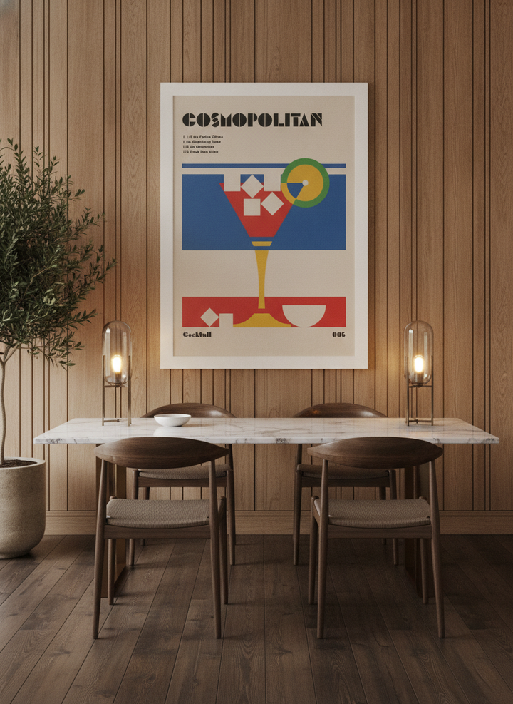 Modern wall art print styled on the wall in a luxe dining room