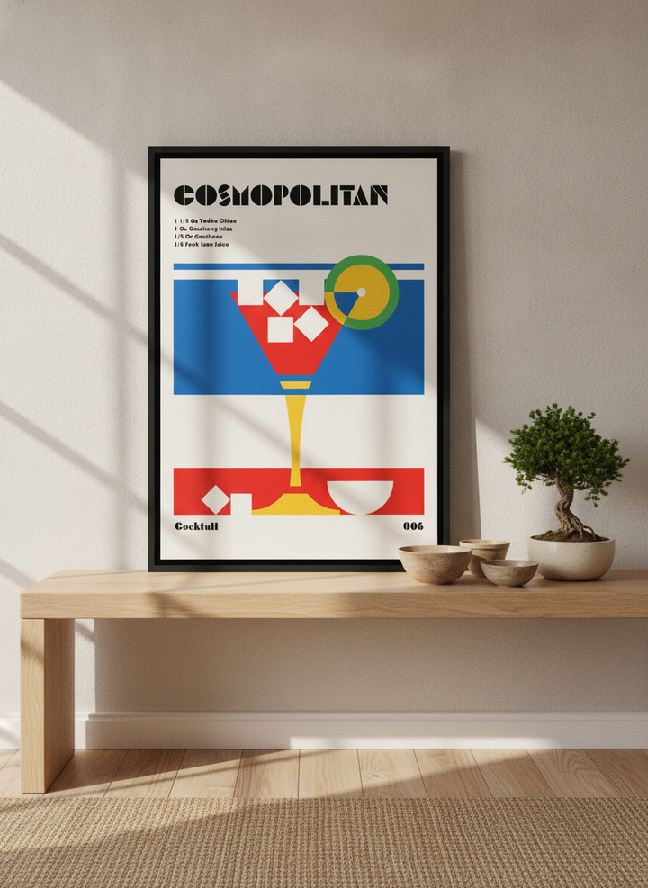 Canvas wall art with a black surround standing on a kitchen bench in a warm Japandi kitchen