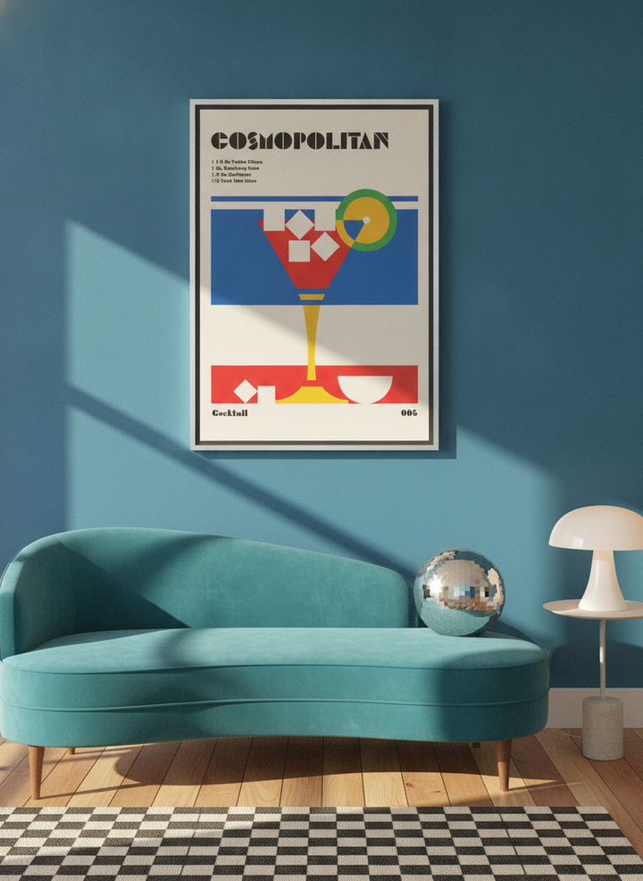 Canvas wall art with a silver leaf surround styled on the wall in a colourful eclectic living room