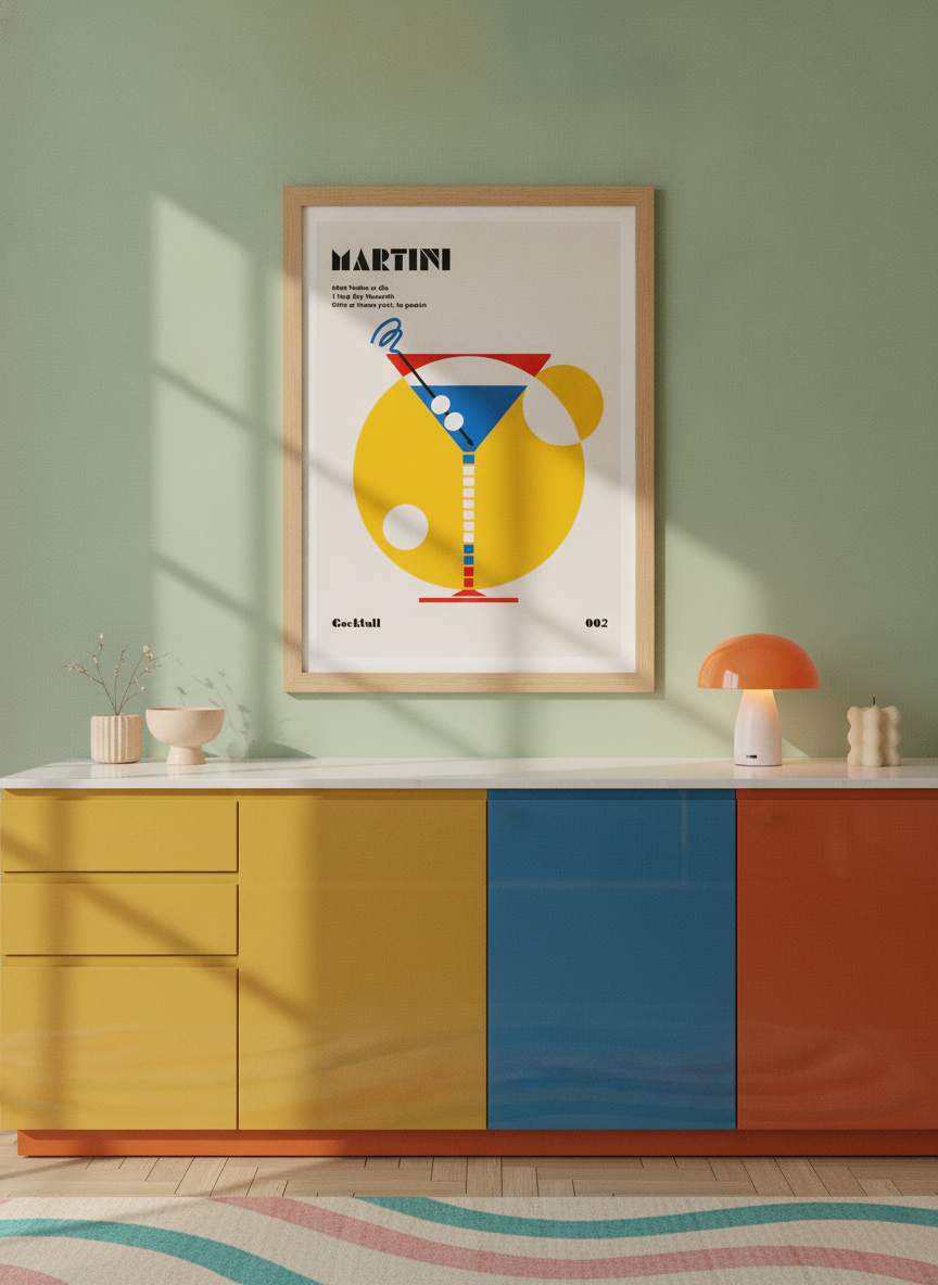 Modern wall art print styled on the wall in a colourful eclectic kitchen