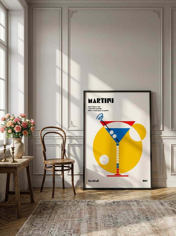 Canvas wall art with a black surround leaning against the wall in a Parisian kitchen