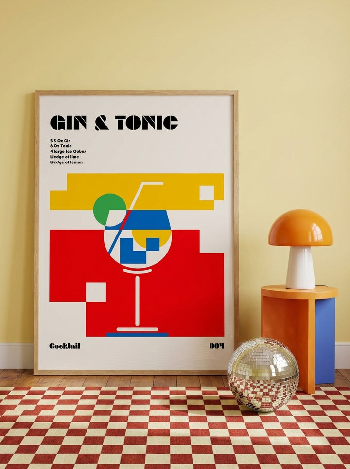 Oversized statement modern wall art print leaning against the wall in a colourful eclectic living room