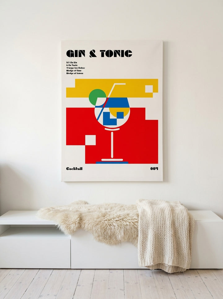Stretched canvas wall art styled on the wall in a bright Scandinavian living room