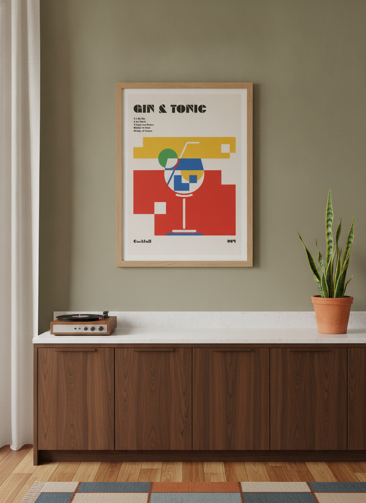 Modern wall art print styled on the wall in a mid-century kitchen