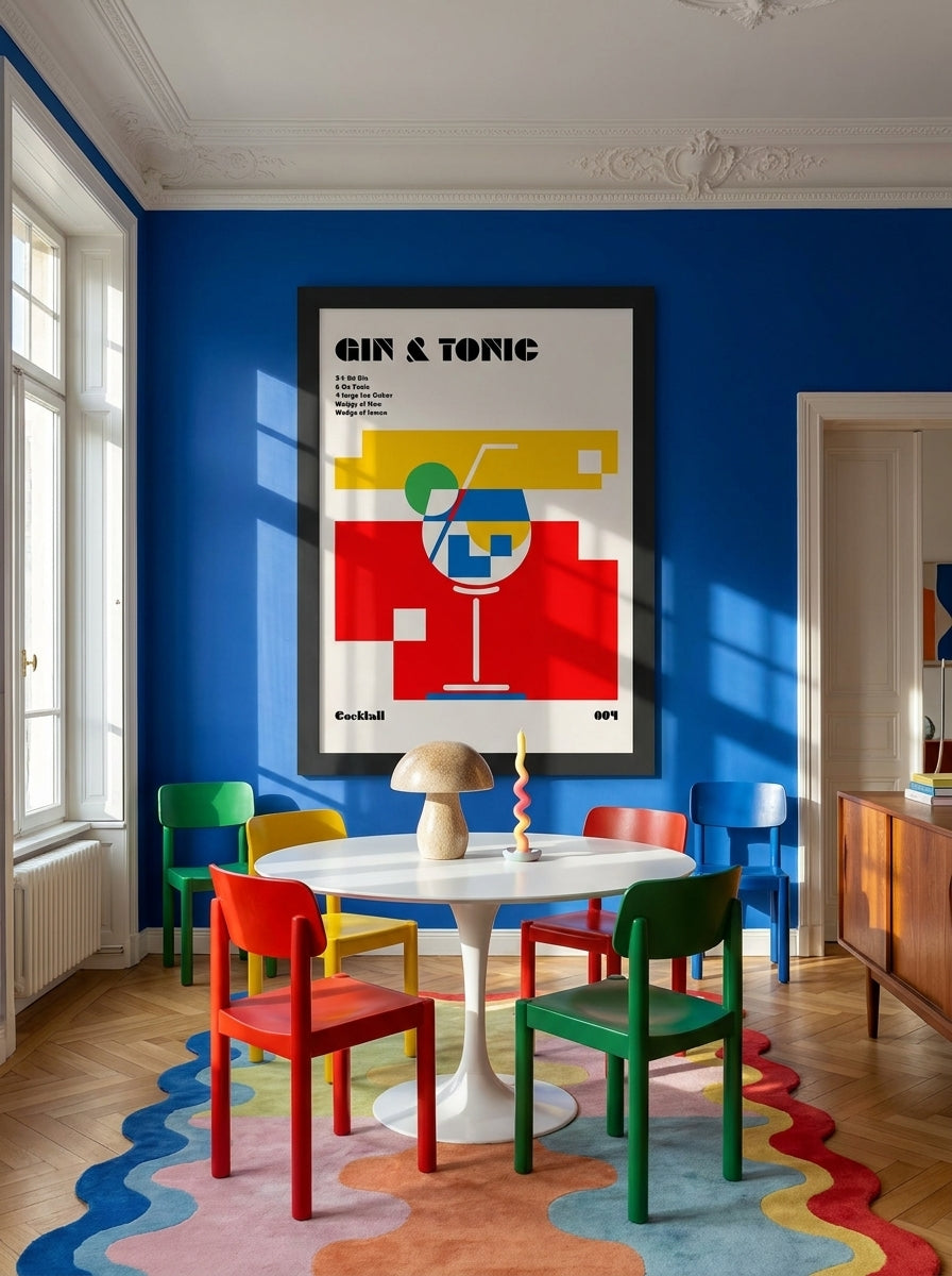 Oversized statement modern wall art print styled on the wall in a colourful eclectic dining room