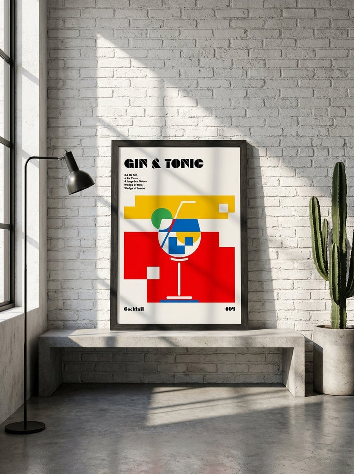 Modern wall art print standing on a kitchen bench in an industrial loft kitchen