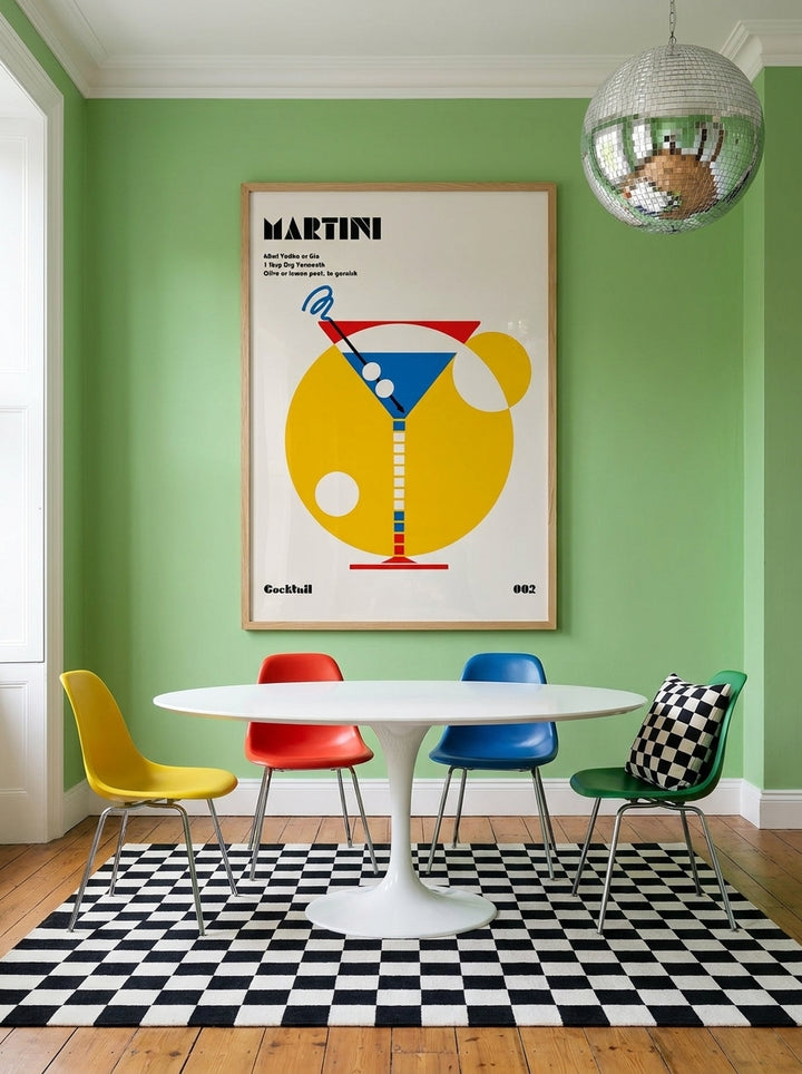 Oversized statement modern wall art print styled on the wall in a colourful eclectic dining room