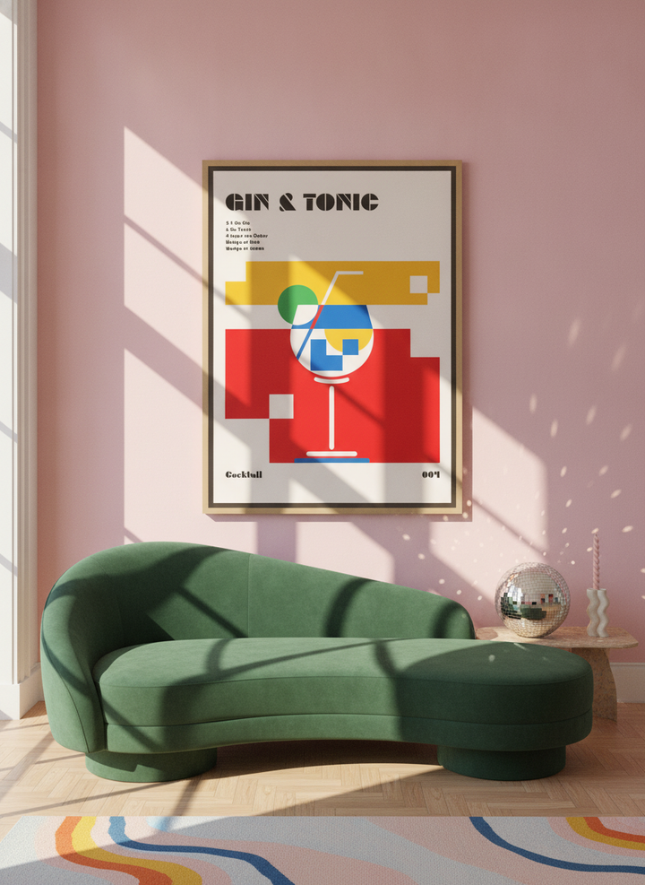 Oversized statement canvas wall art with a natural timber surround styled on the wall in a colourful eclectic living room