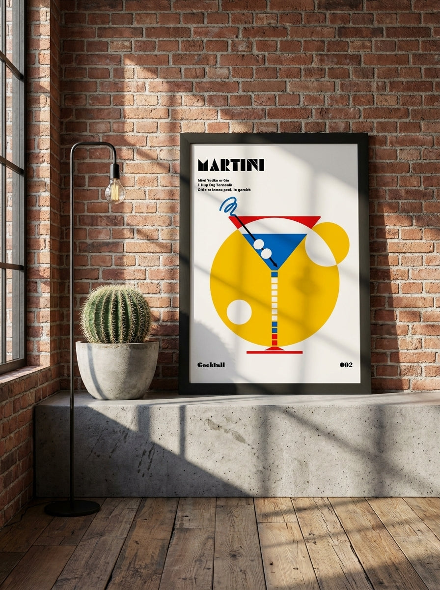 Modern wall art print standing on a kitchen bench in an industrial loft kitchen