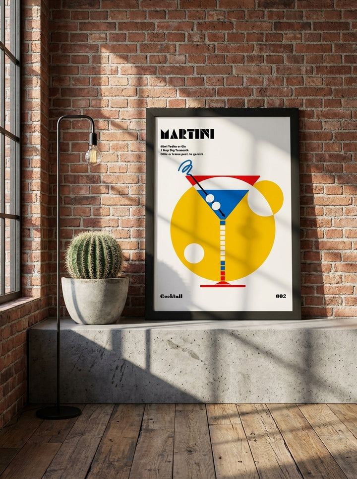 Modern wall art print standing on a kitchen bench in an industrial loft kitchen