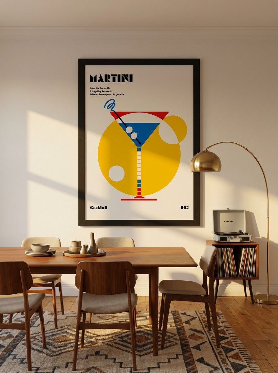 Oversized statement modern wall art print styled on the wall in a mid-century dining room