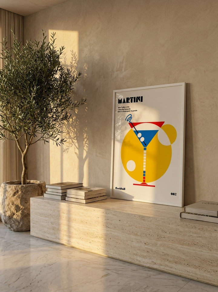 Modern wall art print standing on a console in a luxe dining room
