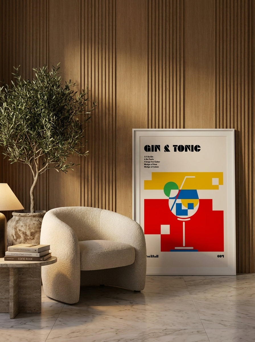 Modern wall art print leaning against the wall in a luxe dining room