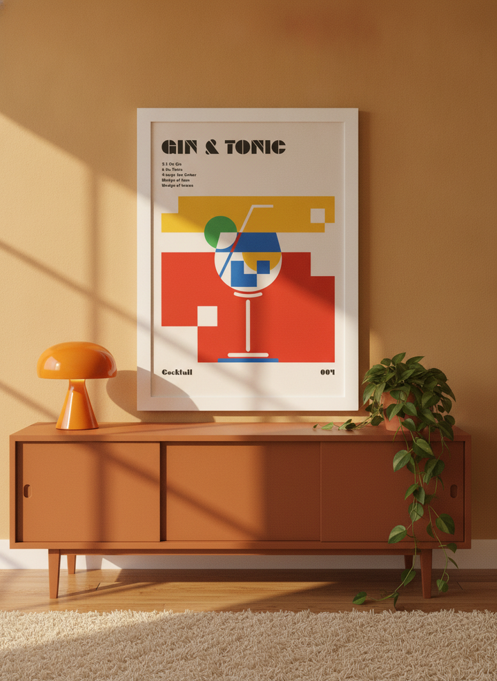 Modern wall art print standing on a sideboard in a retro 70s living room