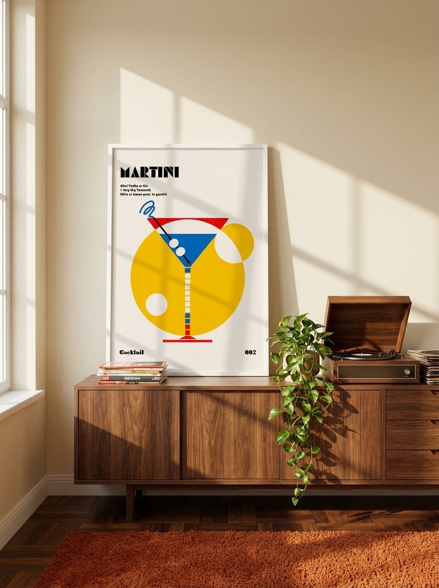 Modern wall art print standing on a sideboard in a retro 70s living room