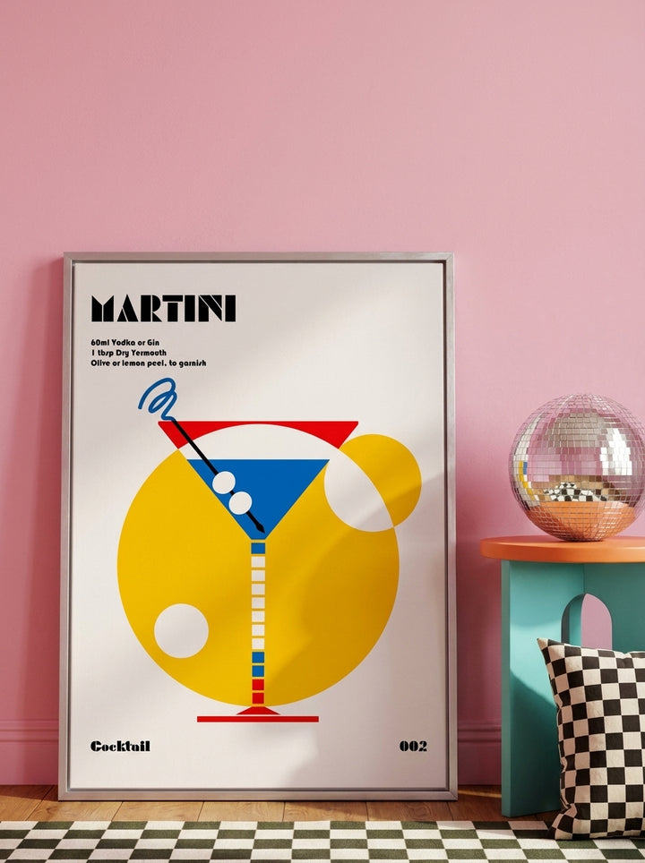 Canvas wall art with a silver leaf surround leaning against the wall in a colourful eclectic dining room