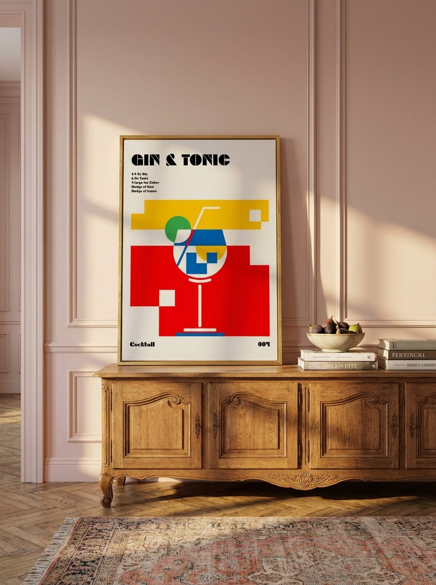 Canvas wall art with a gold leaf surround standing on a sideboard in a Parisian living room