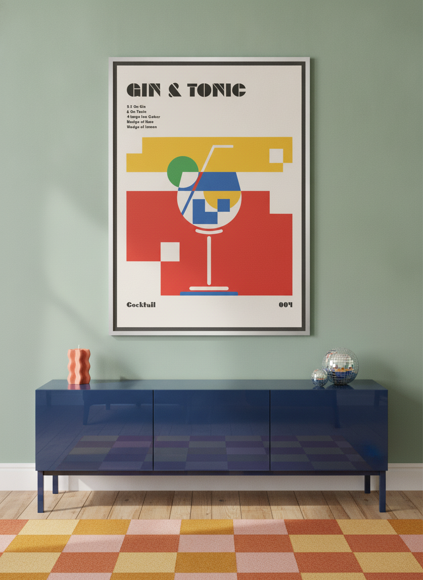 Canvas wall art with a silver leaf surround styled on the wall in a colourful eclectic living room