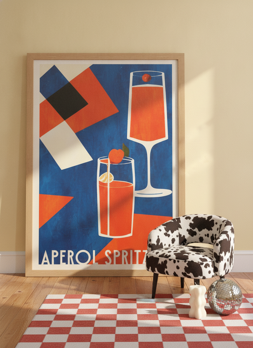 Oversized statement modern wall art print leaning against the wall in a colourful eclectic bedroom