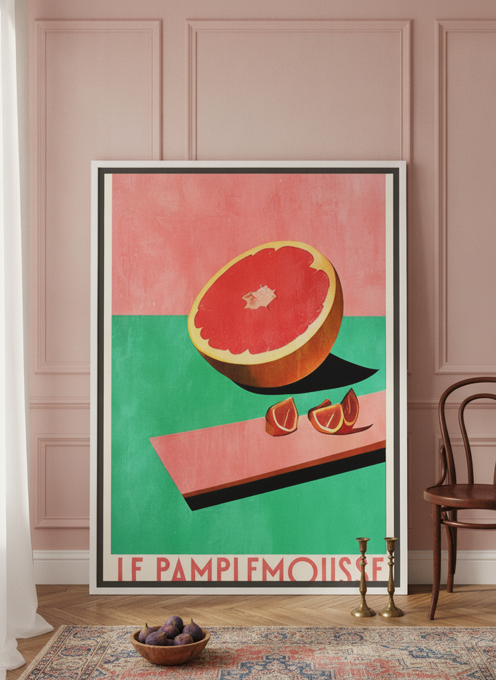 Oversized statement canvas wall art with a white surround leaning against the wall in a Parisian dining room