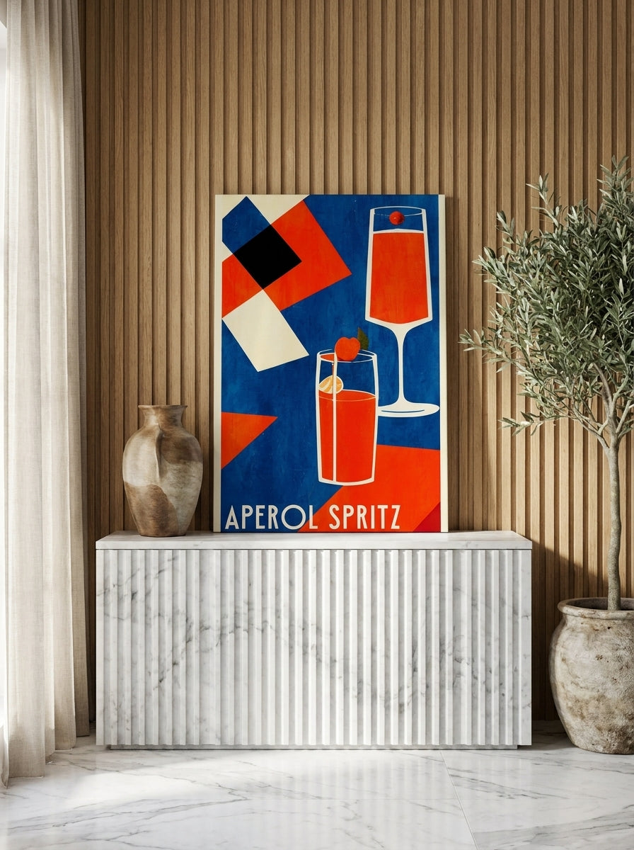 Stretched canvas wall art standing on a sideboard in a luxe living room