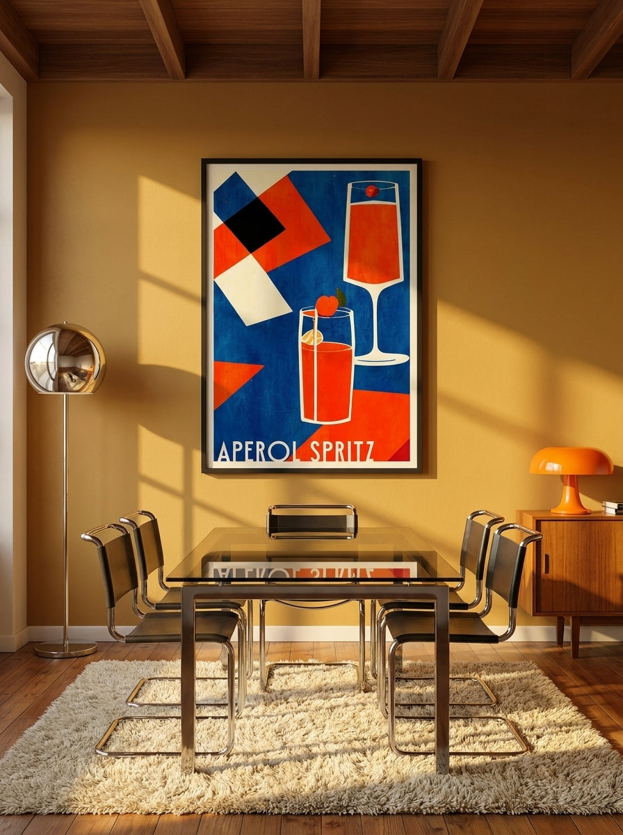 Oversized statement modern wall art print styled on the wall in a retro 70s dining room