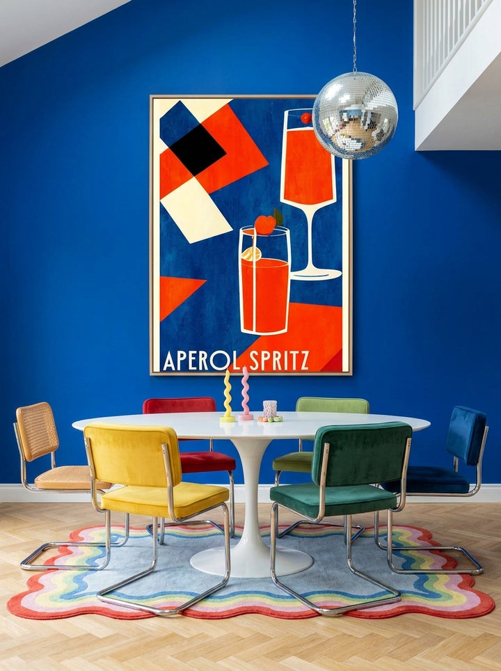 Oversized statement canvas wall art with a natural timber surround styled on the wall in a colourful eclectic dining room